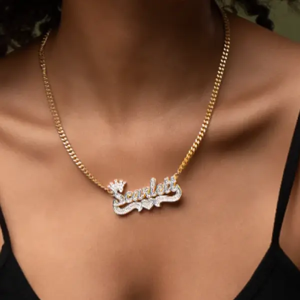 [Tres Colori] Double Plated Iced Princess Crown Name Necklace Custom Made Personalized Name Pendant Necklace with CZ Stones Crown Name Jewelry for Women & Men Luxury Custom Jewelry Daily Wear Fashion Gift