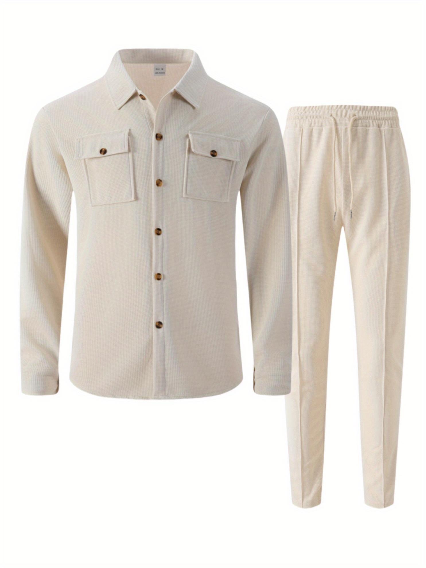 Autumn New Waffle Long Sleeved Pants Two-Piece Set Solid Color Double Pocket Button Up Cardigan Shirt Set for Men