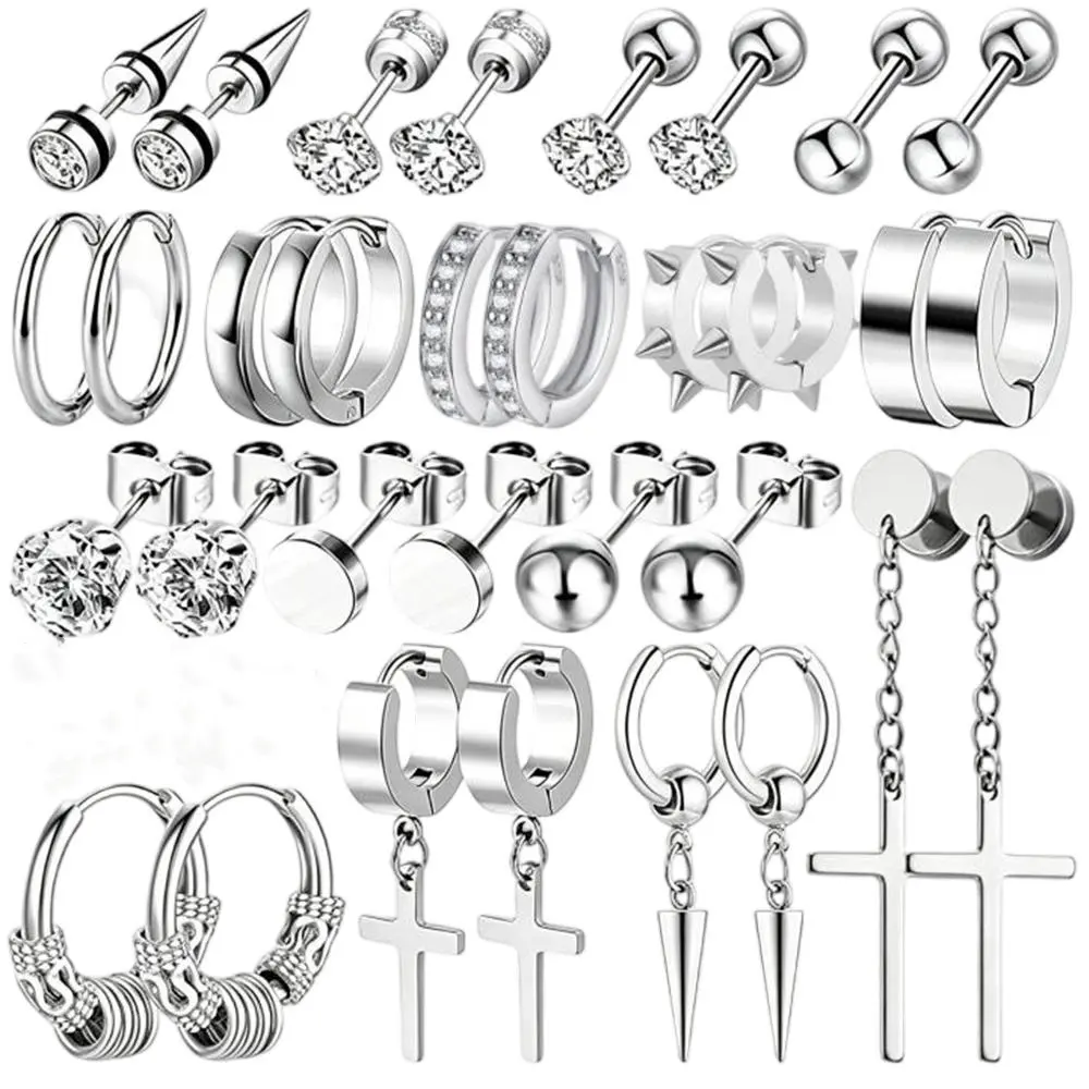 16 Pairs Earrings for Men, Stainless Steel Earrings For Men Sensitive Skin, Fashion men's Earring Piercing Jewelry Cross Dangle Hoop Earrings Kit Studs Long-lasting Shine
