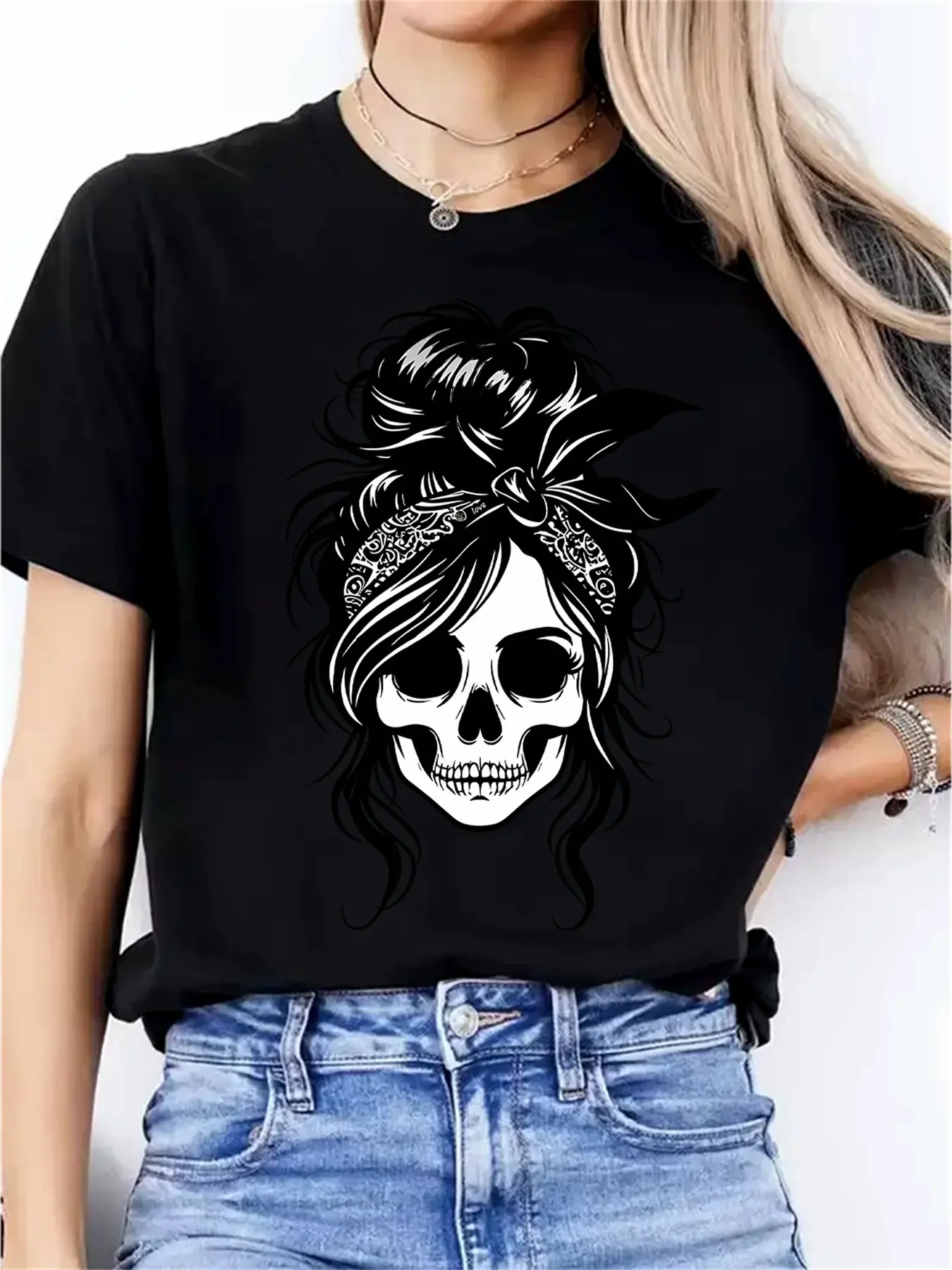 Fashionable And Cute Skull Design, Directional Style, Unique Print, New Women'S Round Neck Casual Sports Comfortable T-Shirt