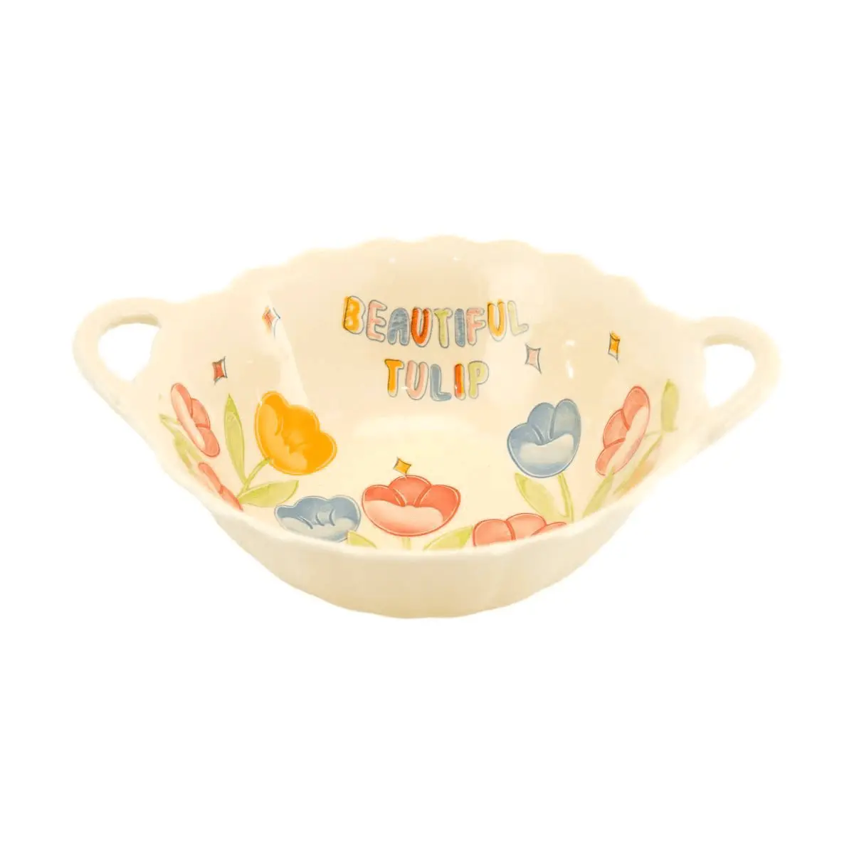 Golden Lion Japanese Tulip Serving Bowl - 9.5" Yellow Glazed Ceramic Dish with Handles, Ideal for Ramen, Soup, Salad, Fruit