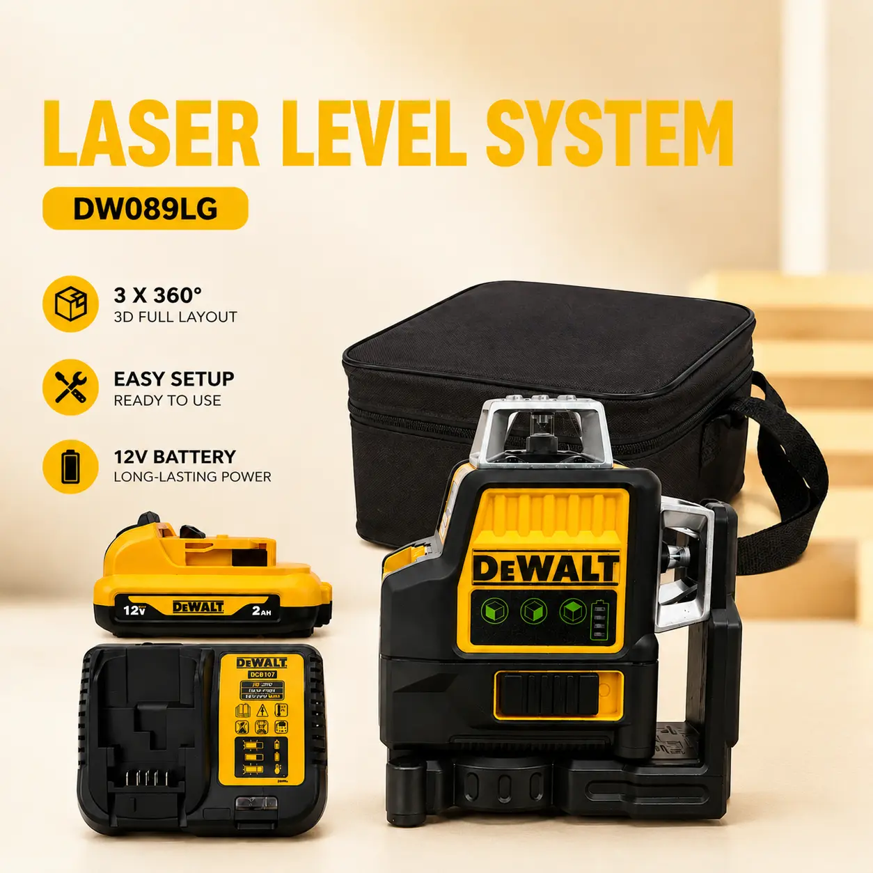 DEWALT DW089LG Lithium Powered Cordless Laser Level High Precision Alignment Tool For DIY & Professional Builders