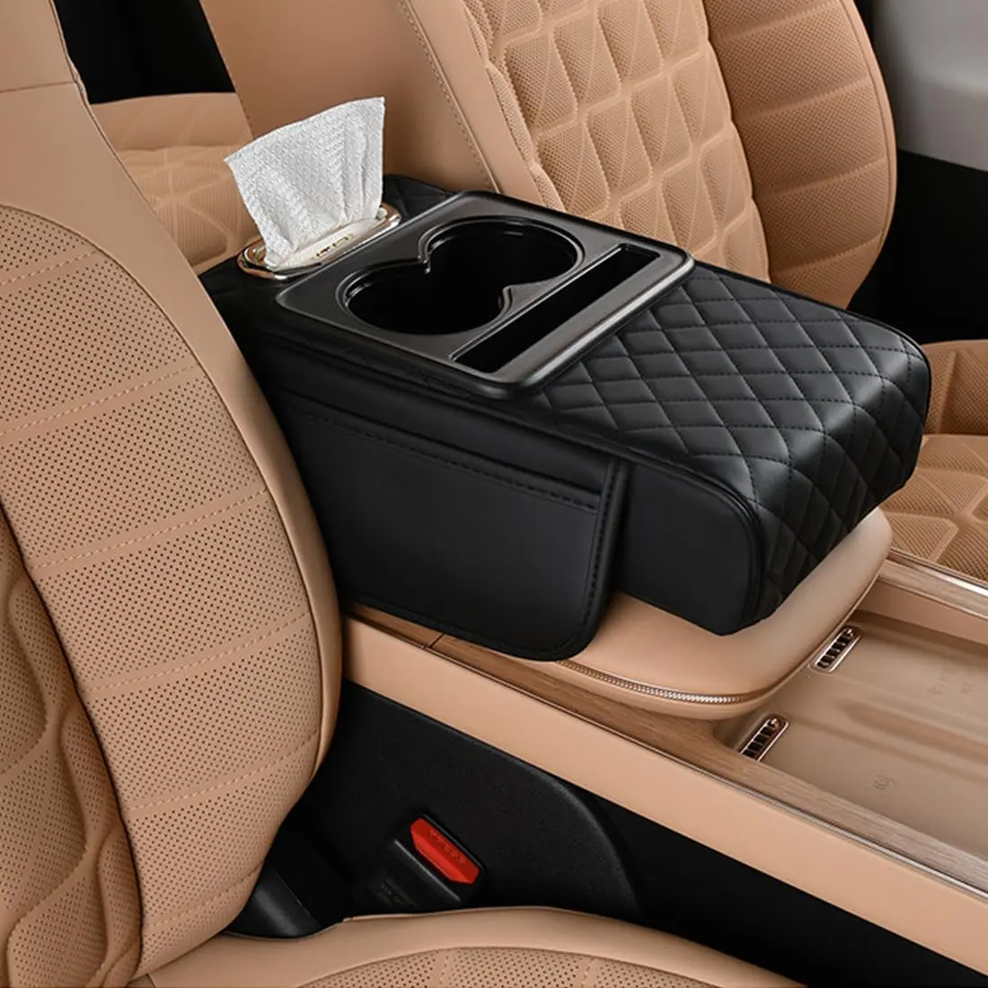 Leather Car Center Console Cover - Universal Auto Interior Stowing & Tidying Cushion with Storage Box, Cupholder, Tissue Box, Phone Slot, Hook&Loop Fastening, Waterproof Luxury Design, Black