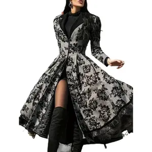 - Women'S Vintage Floral Lace Patchwork Jacket - Elegant Long Trench Coat with V-Neck, Machine Washable, Casual & Comfortable, Womenswear Tops