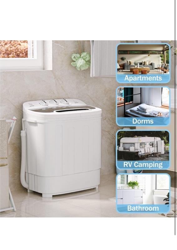 JB Compact Mini Portable Twin Tub Washing Machine, 13lbs Capacity, Washer Wash and Spin Cycle Combo with Built-in Gravity Drain for Camping, Apartments, Dorms, College, RV's and Small Spaces