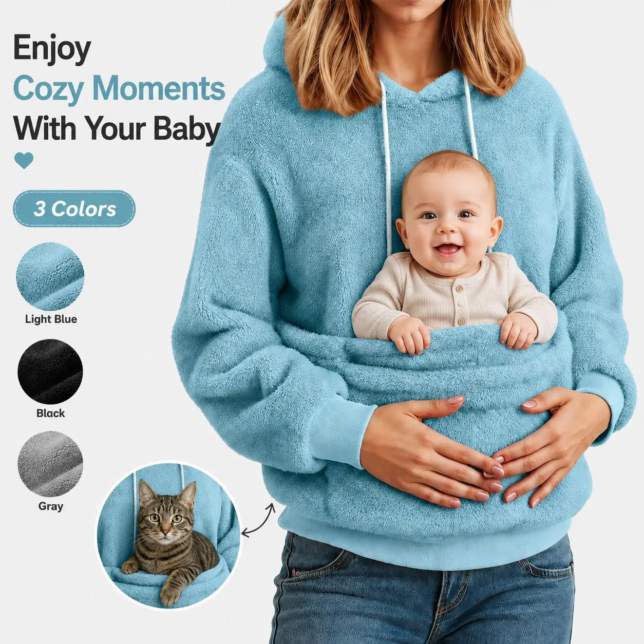 Cozy Fleece Mom Hoodie with Big Kangaroo Pocket, Multi‑Use Carrier Sweatshirt for Baby Cat Pet, Soft Plush Oversized Hooded Pullover for Women Winter Warm 3 Colors Gift for Pet Lovers