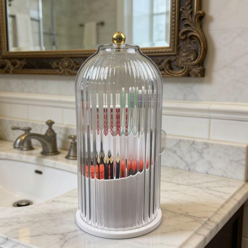 Dustproof Toothbrush Holders with Cover,Storage Bucket Organizers with Transparent Door Lid,360° Rotating Clearance Makeup Organizer for Vanity Bathroom Desktop Countertop Storage,Spinning Makeup Brush Holder Boxes,White&Grey,Multi-functional Storage