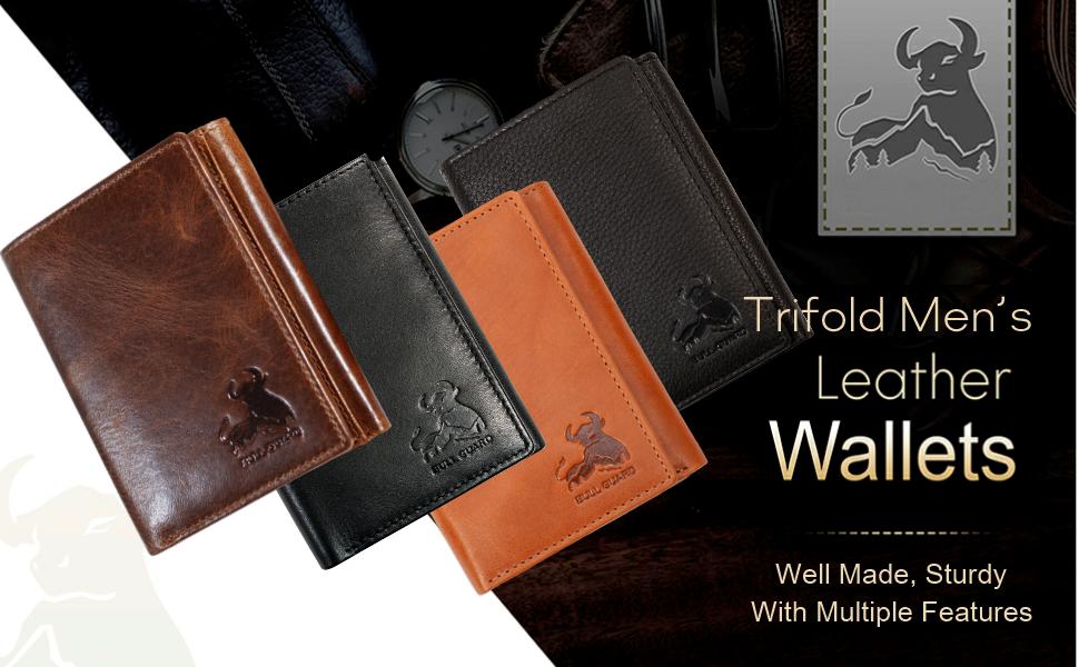 BULL GUARD Best Leather Men's RFID Trifold Wallet With ID Great Outdoor Wallet