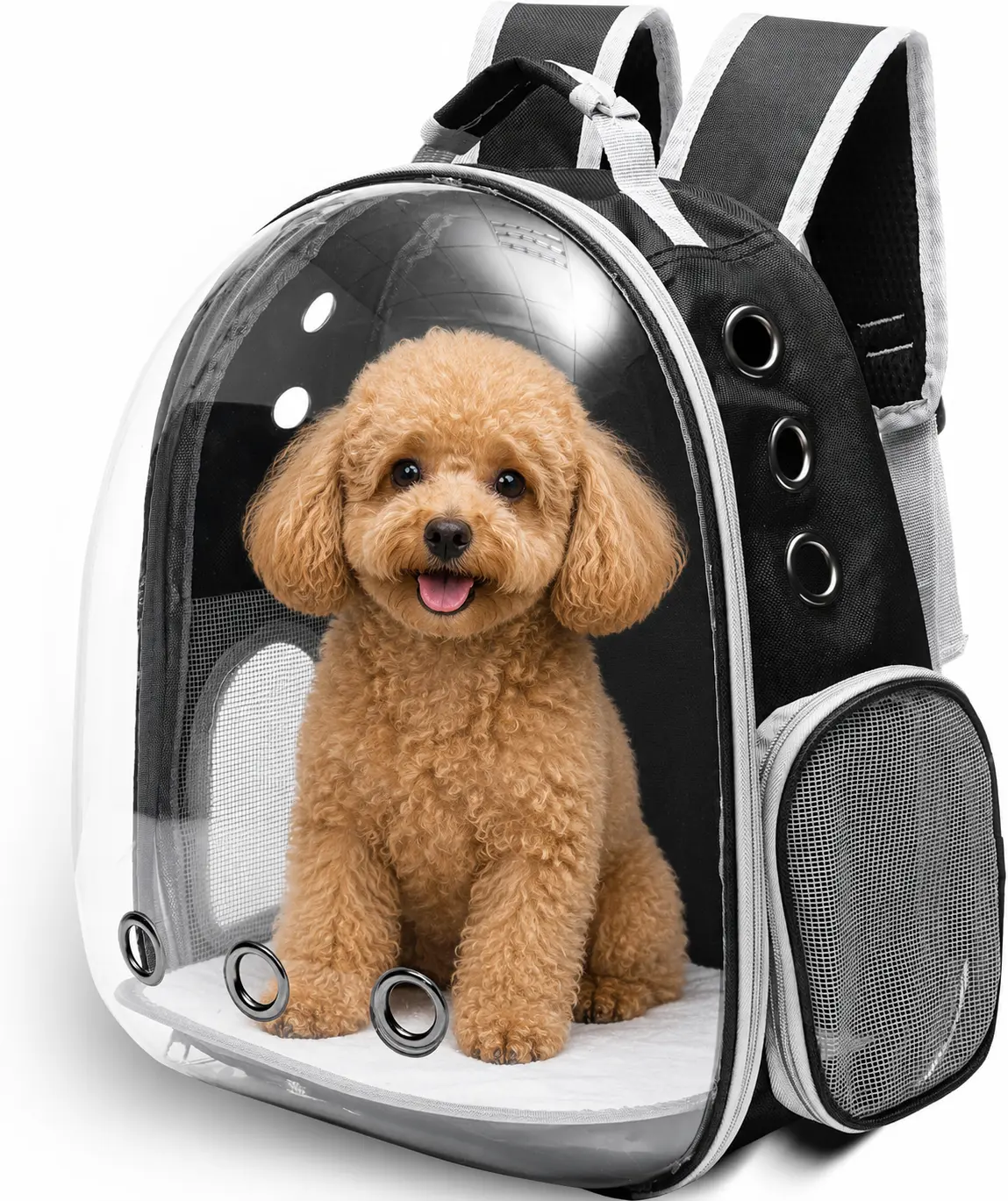Transparent Space Capsule Pet Backpack with multi air holes breathable design, padded shoulder strap portable cat dog carrier bag, ideal for walking hiking vet trips for small medium cats and puppies