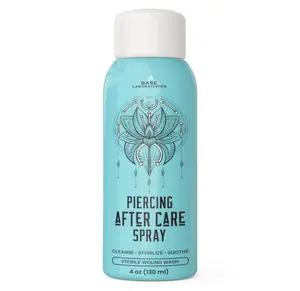 BASE LABORATORIES Piercing Aftercare Spray 4oz | Saline Spray for Piercings | Ear Piercing Cleaner Spray | Saline Solution for Piercings | Piercing & Keloid Bump Removal for Ears, Belly Nose Piercings