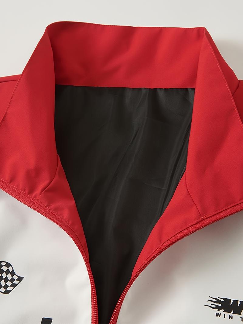 Men's Letter Print Stand collar racing driver Jacket,   Loose Casual Sporty Long Sleeve locomotive Jacket for Fall & Winter, Men's Outerwear for Daily Wear, Casual Fitted Jackets