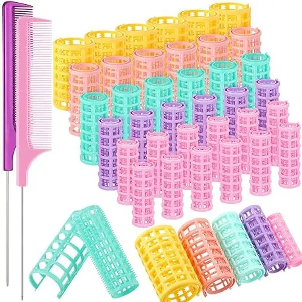 36pcs Curling Hair Tools Plastic Roller Kit - 5 Sizes Self-Grip Rollers, 2 Steel Pintail Combs, No-Heat Styling Tool Kit for Home Users (Short to Long Hair)