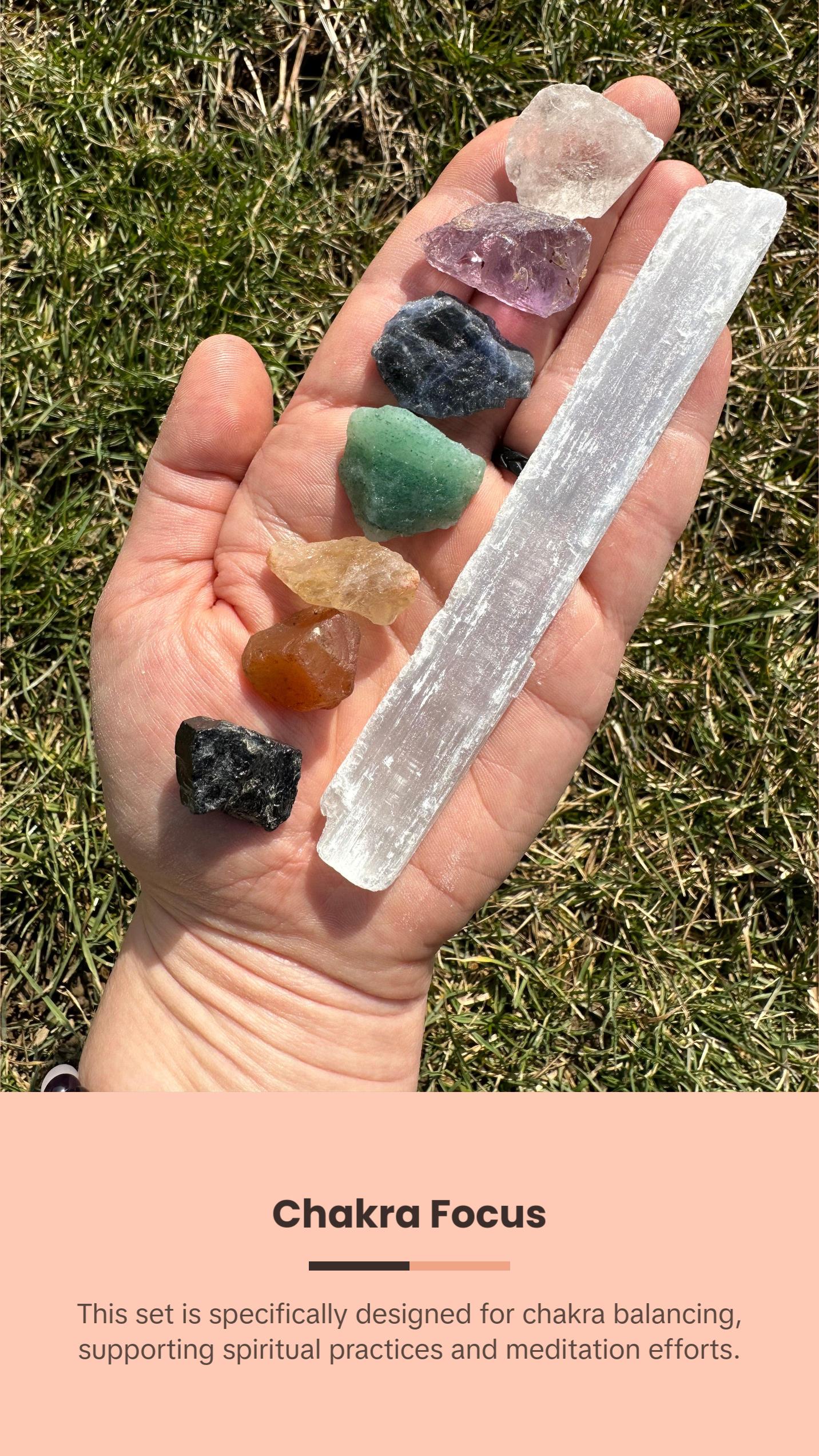 7 Chakra Crystal Set with Selenite Wand for Meditation and Healing 7 Chakra Crystal Set with Selenite Wand for Meditation and Healing