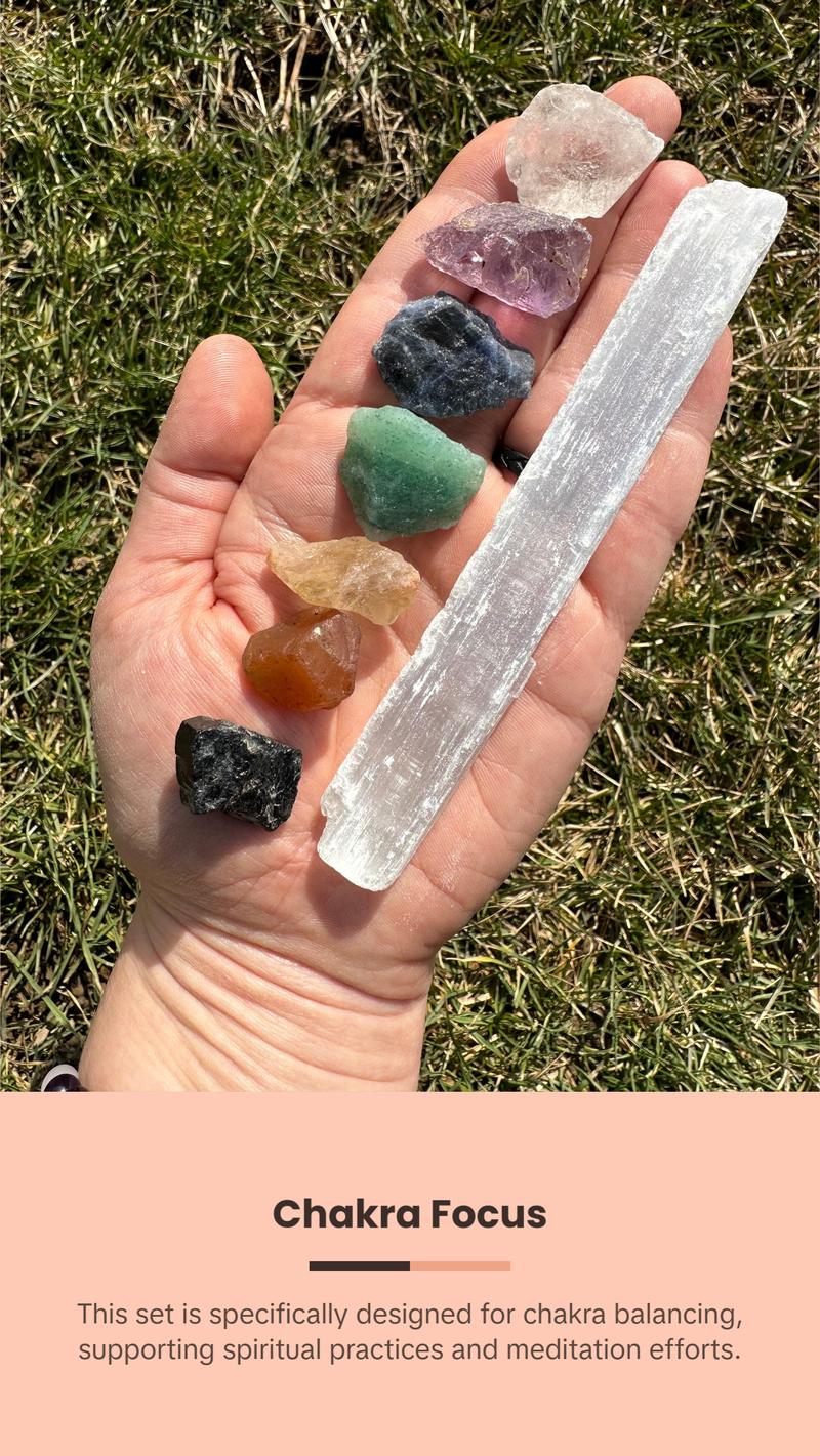 7 Chakra Crystal Set with Selenite Wand for Meditation and Healing
