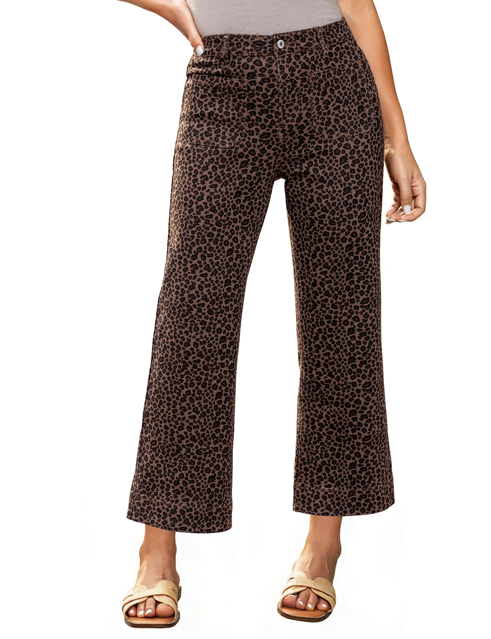 luvamia Wide Leg Jeans for Women High Waisted Leopard Cheetah Print Stretch Cropped Denim Pants Patch Pocket Flare Jeans,back to school shopping