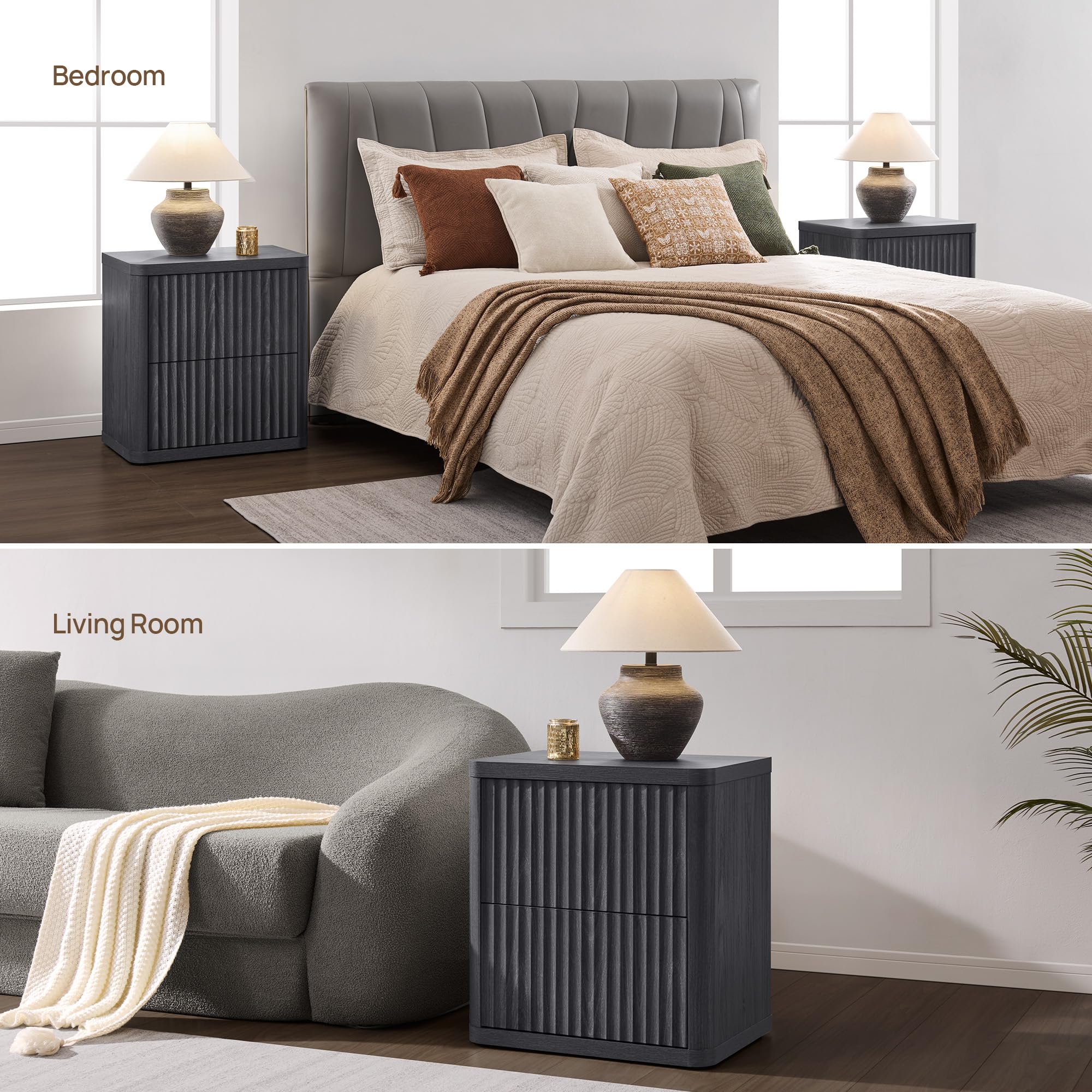 SICOTAS Set of 2 Nightstands, Fluted Modern Bedside Tables with 2 Large Handless Drawers - 22.75" Wide Small End Tables, Curved Edge Design for Bedroom & Living Room SICOTAS Set of 2 Nightstands, Fluted Modern Bedside Tables with 2 Large Handless Drawers - 22.75" Wide Small End Tables, Curved Edge Design for Bedroom & Living Room