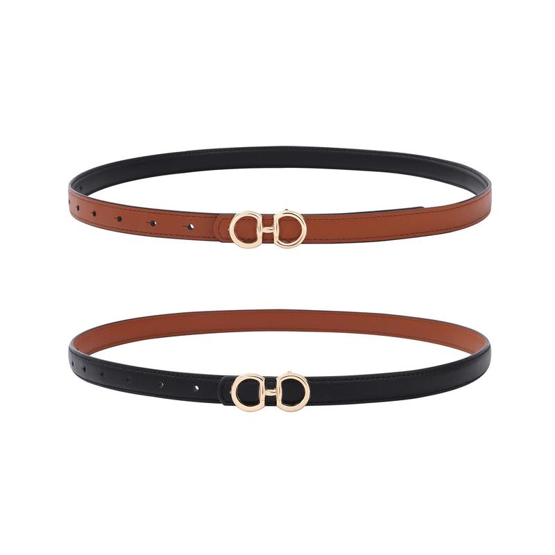 Women Reversible Double Sided Thin Belt Fashion Elegant PU Leather Tight Waist Belt with Gold Buckle Vintage Two-in-One Jeans Dress Long Coats Belts Female Accessories