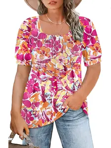 [Flash Sale] Womens Plus-Size Tops Summer Puff Cute Short Sleeve Scoop Neck Pleated Flowy Casual Shirts 2093 outdoorfun
