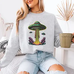 Retro Graphic Alien Sweatshirt, Spooky UFO Sweatshirt, Gift For Alien Lover, Alien Abduction, Alien Spaceship Hoodie, Paranormal UFO Hoodie