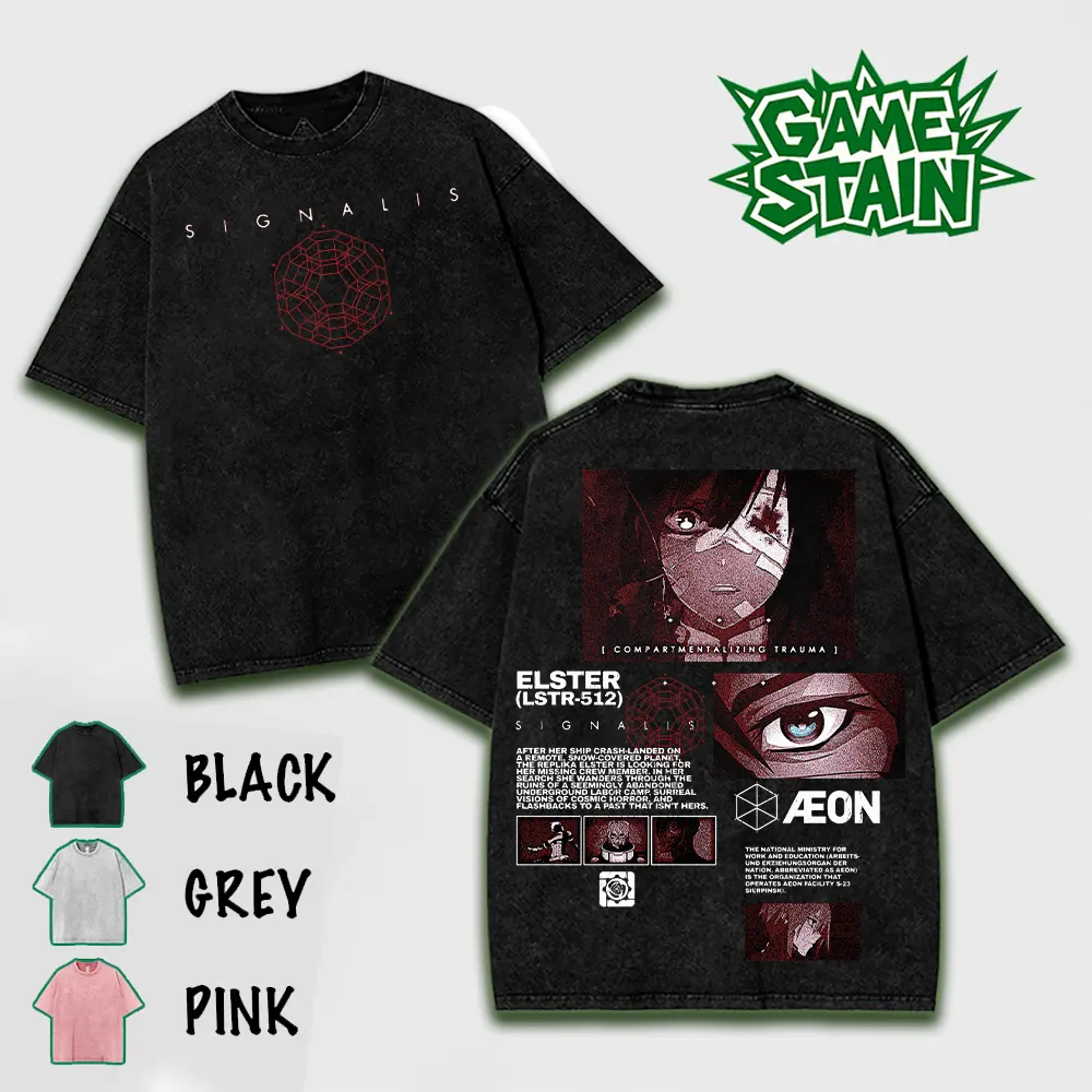 SIGNALIS Game Acid Washed Sweater, Tshirt, 2 sided Printed Unisex Washed Sweater game merch Cotton Streetwear Top Black Clothes Crewneck Apparel