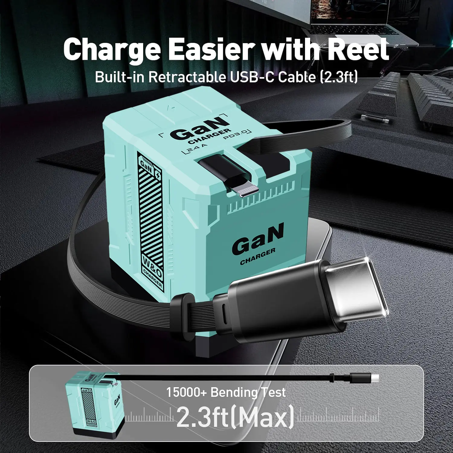 GaN 4-in-1 Portable Charger - Cellphone Electronic Charging Adapter with Folding Plug, Retractable Type-C & Lightning Cables, PD Fast Charge Desktop Station for iPhone 16/15, AirPods, Samsung Devices