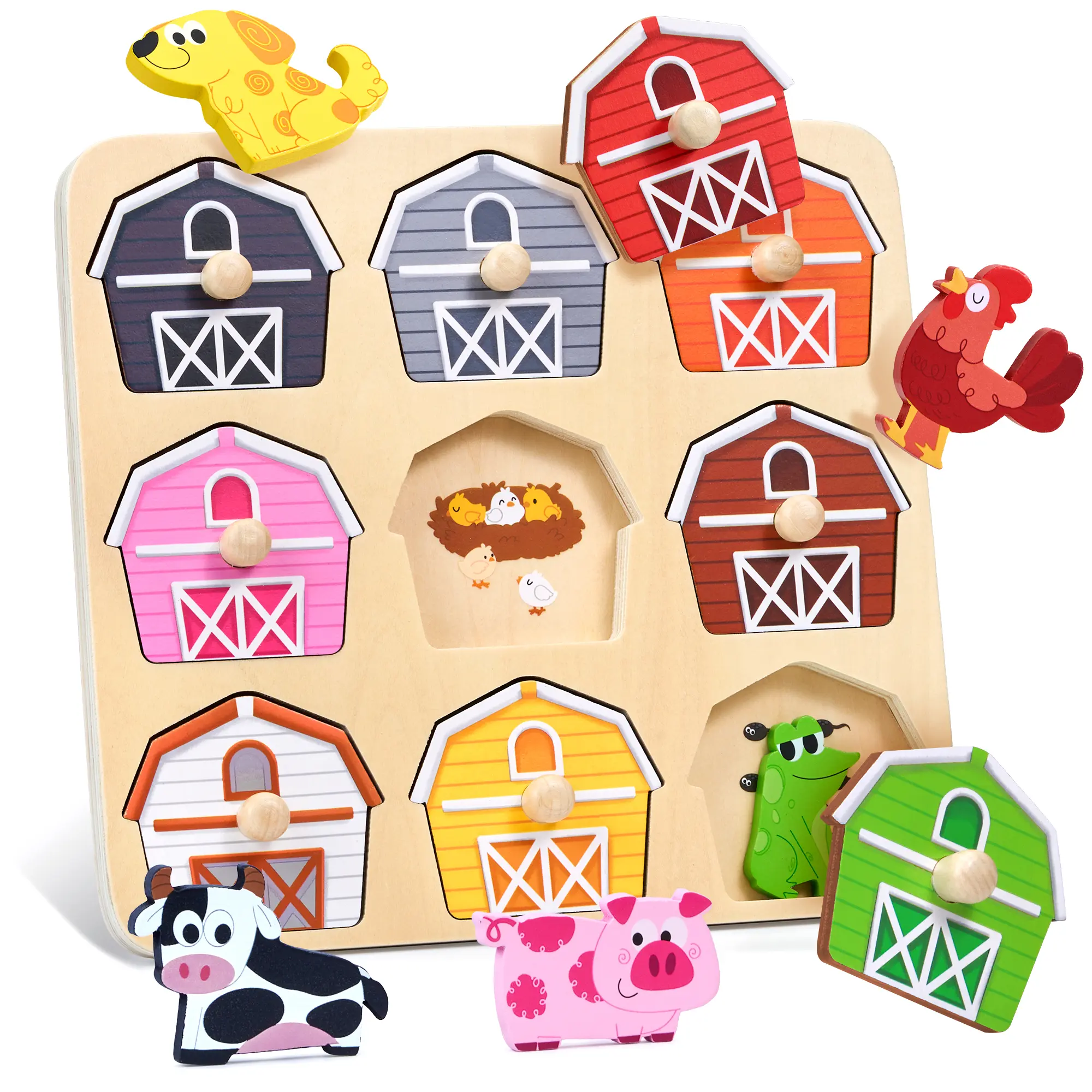 JoyCat Wooden Farm Peg Puzzles for Toddlers, Montessori Animal Match Fun Learning Toys, 1 Target Group Birthday Easter Gifts for Preschool Kids summerwins,summerwins