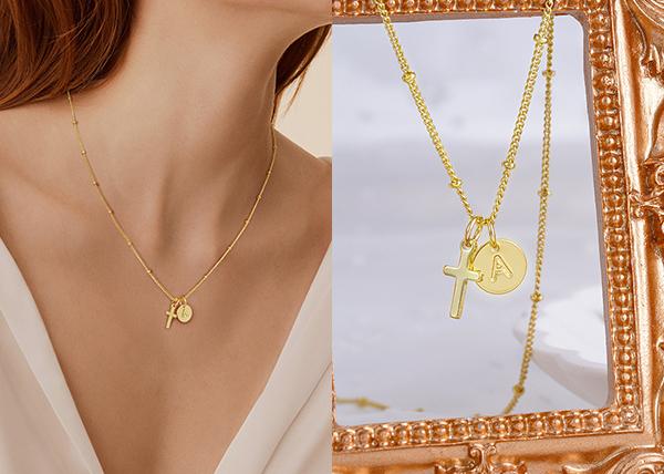 Turandoss 14K Gold Plated Cross Initial Necklace – A-Z Letter Disc Pendant, Dainty Faith Jewelry Valentine's Day & Birthday Gifts for Women and Girls