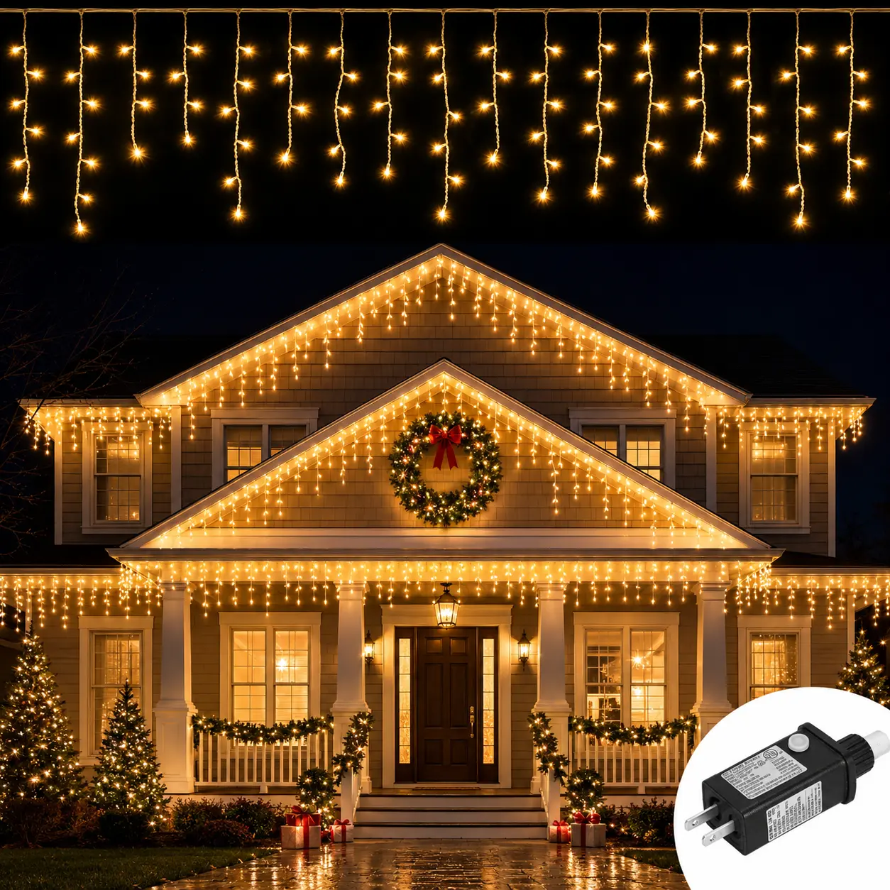 echosari Icicle Lights 66ft 600 LED Christmas Lights Outdoor for Outside House with Connectable Clear Wire 8 Modes Timer Plug in Waterproof for Eaves Yard Party Indoor Holiday Decoration Set Switch Warm White