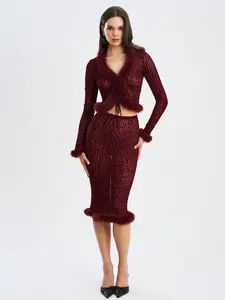 Halia Burgundy Animal Print Burnout Velvet Fur Trim Skirt