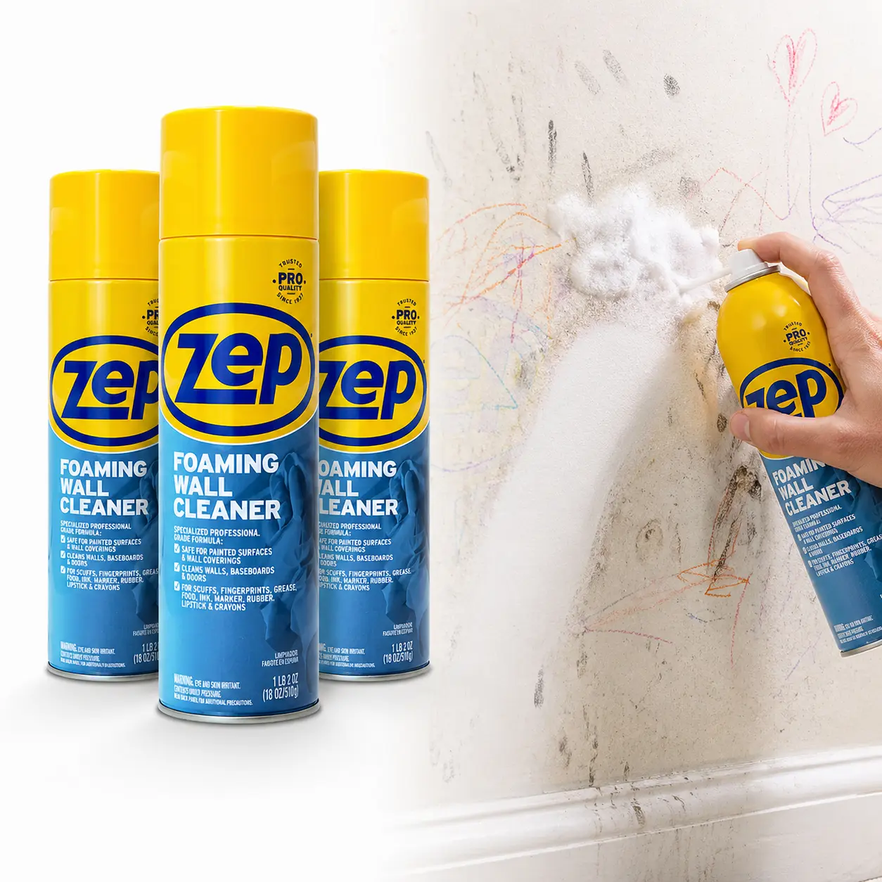 ZEP 18 oz. Foaming Wall Cleaner - Household Items, Home Care Degreaser, All-Purpose, Residue-Free, Thick Foam Cling Formula, Spray & Wipe, Paint-Safe, Gentle Quick Clean, Pre-Paint Maintenance (Children's Room, High-Traffic Areas), Cleaning Supplies, Hous