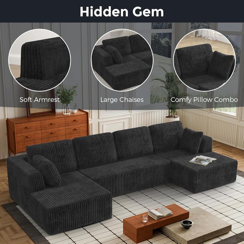 【2-3 Packages】 Niccae 132'' U-shape Boneless Memory Foam Sectional Sofa, Compressed Corduroy Sectional Couches, Oversized U Shape Comfy Modular Compression Cloud Sleeper Sofa with Deep Seat, Space-Saving Recliner Design