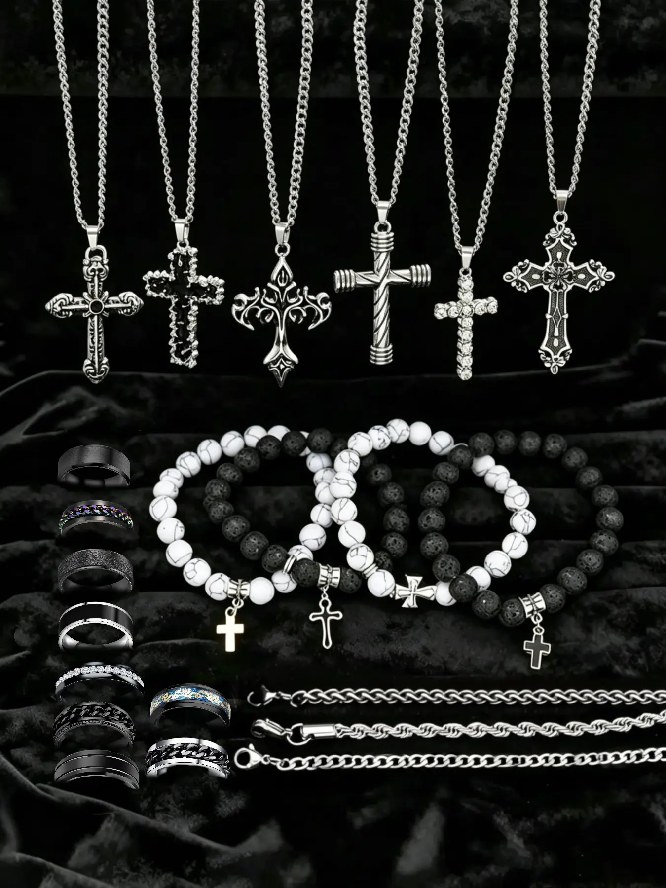 22-Piece Men's Stainless Steel Jewelry Set, Necklace And Bracelet Set, Gothic Cross Pendant Necklaces, Volcanic Stone Bracelets & Stackable Rings, Non-Tarnish Punk Hip Hop Accessories for Men, Birthday/Anniversary/Father's Day Gift for Him