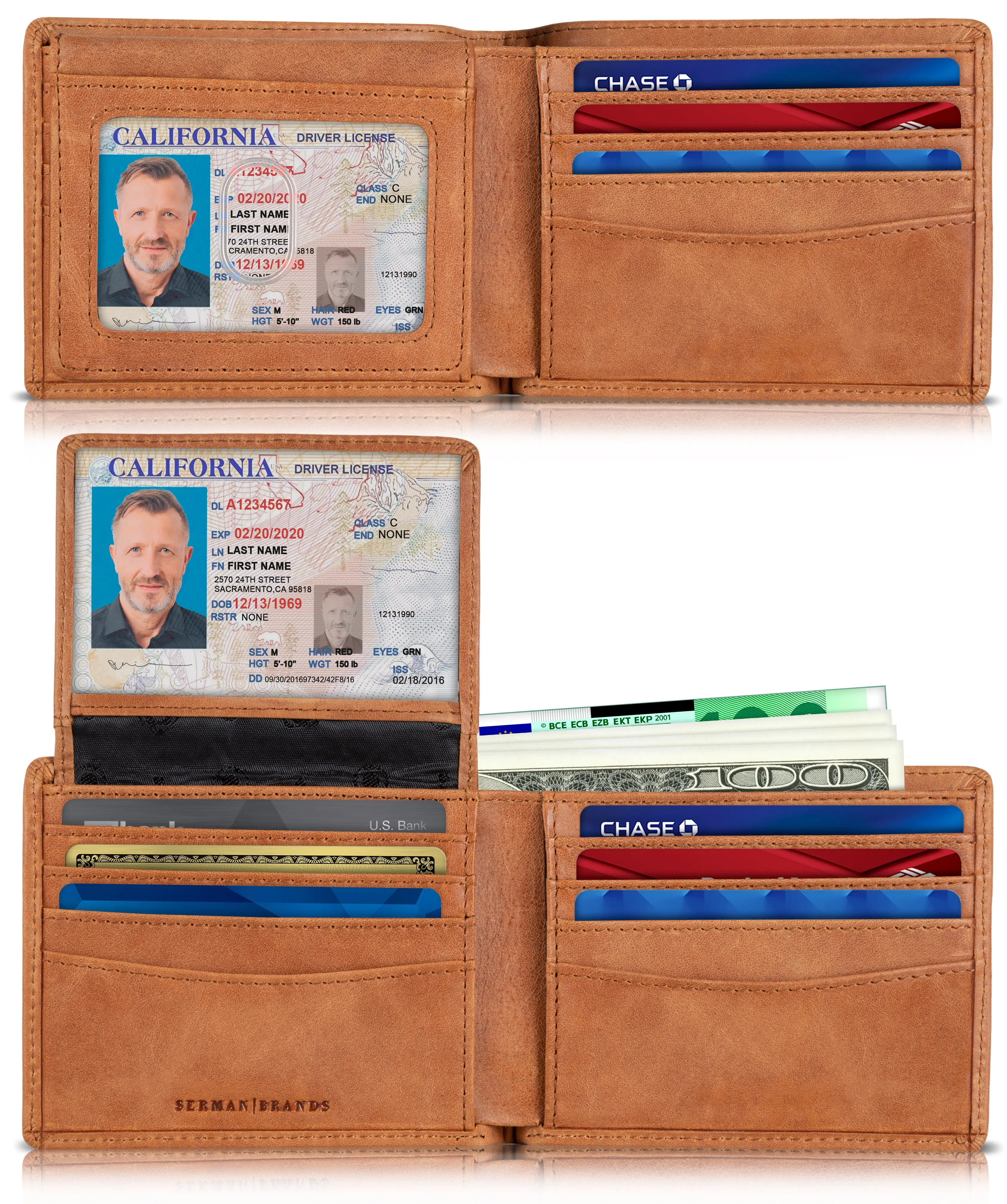 SERMAN BRANDS 2 ID Window Wallet for Men RFID Blocking Leather, Bifold Top Flip, Extra Capacity Travel Wallet