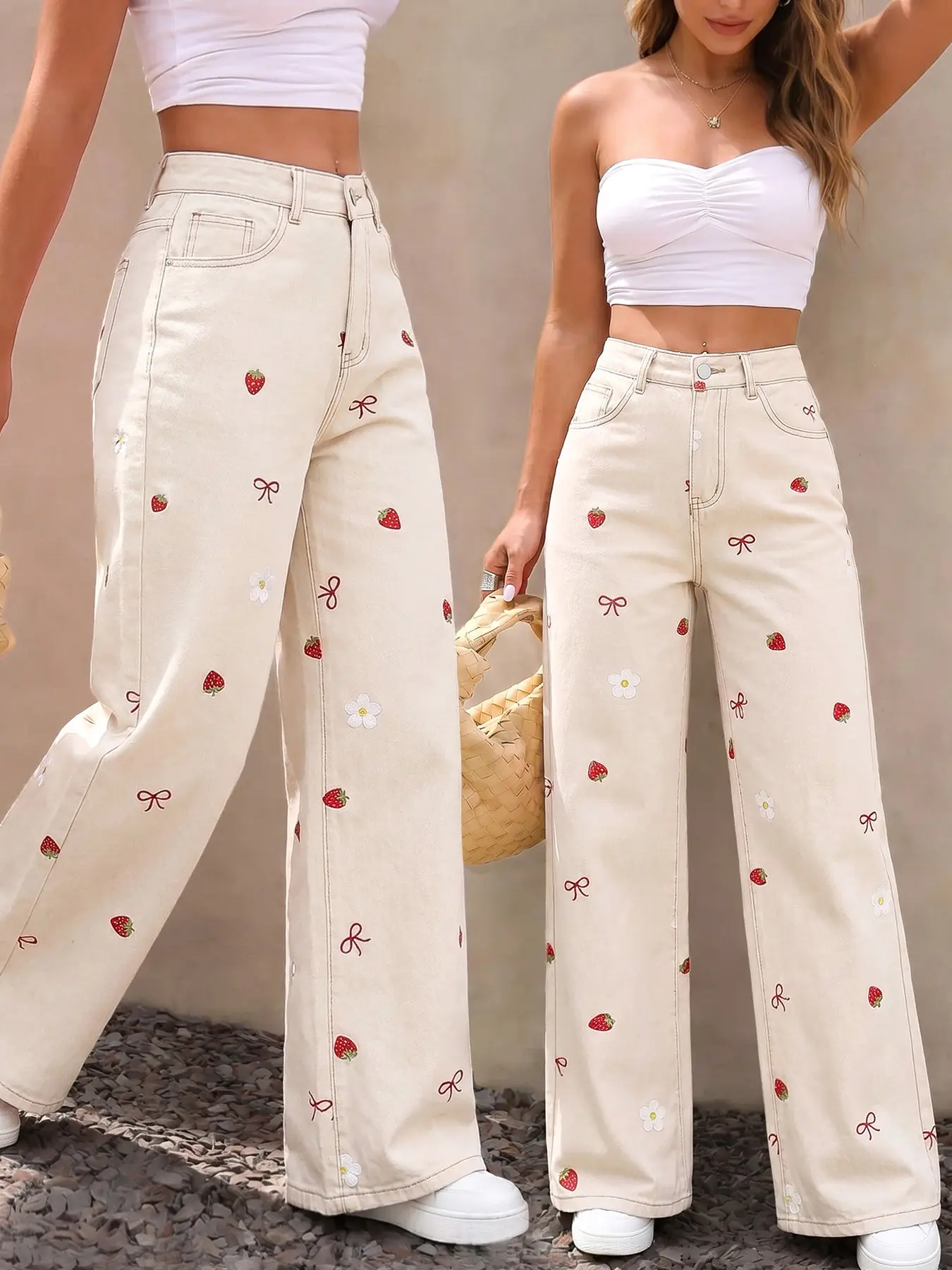 Women's Casual Strawberry Bow Print Wide Leg Jeans, Kawaii Cute Strawberry, Floral And Bow Print Pattern Women's Denim Jeans, Comfortable Loose Fit Denim Jeans, Trendy Fashion for Everyday Wear, Fashion Denim Pants
