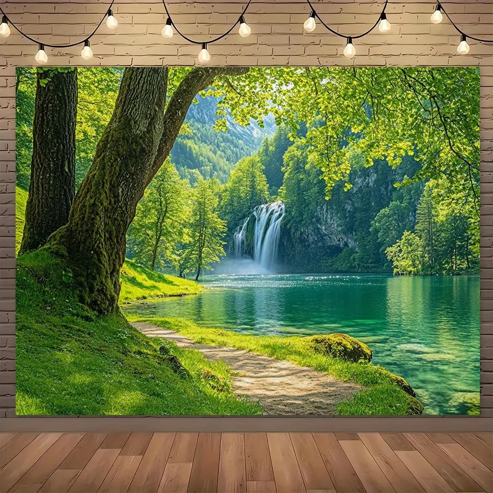 1pc Synthetic Polyester 2D Flat Patterned Tapestry Throw - Glam Landscape Holiday Decor, Spring Green Forest Waterfall Indoor Backdrop, Durable, Machine Washable for Entryway, Room, Print