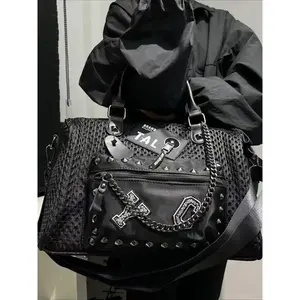 Y2K Women's Street Personalized Embellished Shoulder Bag, Large Capacity Rivet Splicing and Chain Decorative Handbag, Retro Multi Pocket Zipper Crossbody Bag