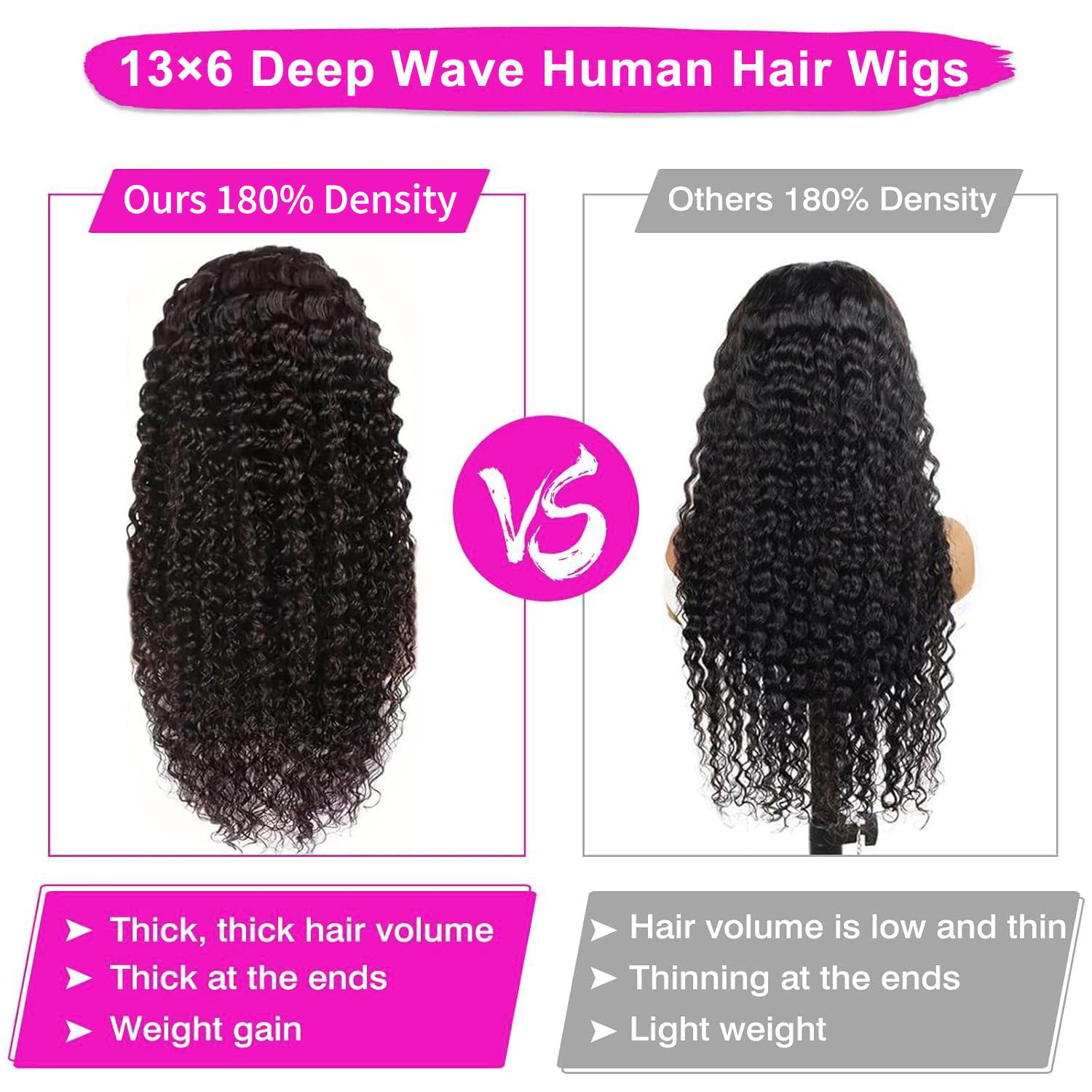 [30" = $116] 13x6 Deep Wave Lace Front Wig Human Hair 180 Density Wet and Wavy 13x4 Lace Frontal Wig Brazilian Human Hair Wigs Pre Plucked  Deep Curly 6x4 Glueless Wig 100% Virgin Human Hair Lace Front Wigs for Women Bling Hair Human Hair Wigs