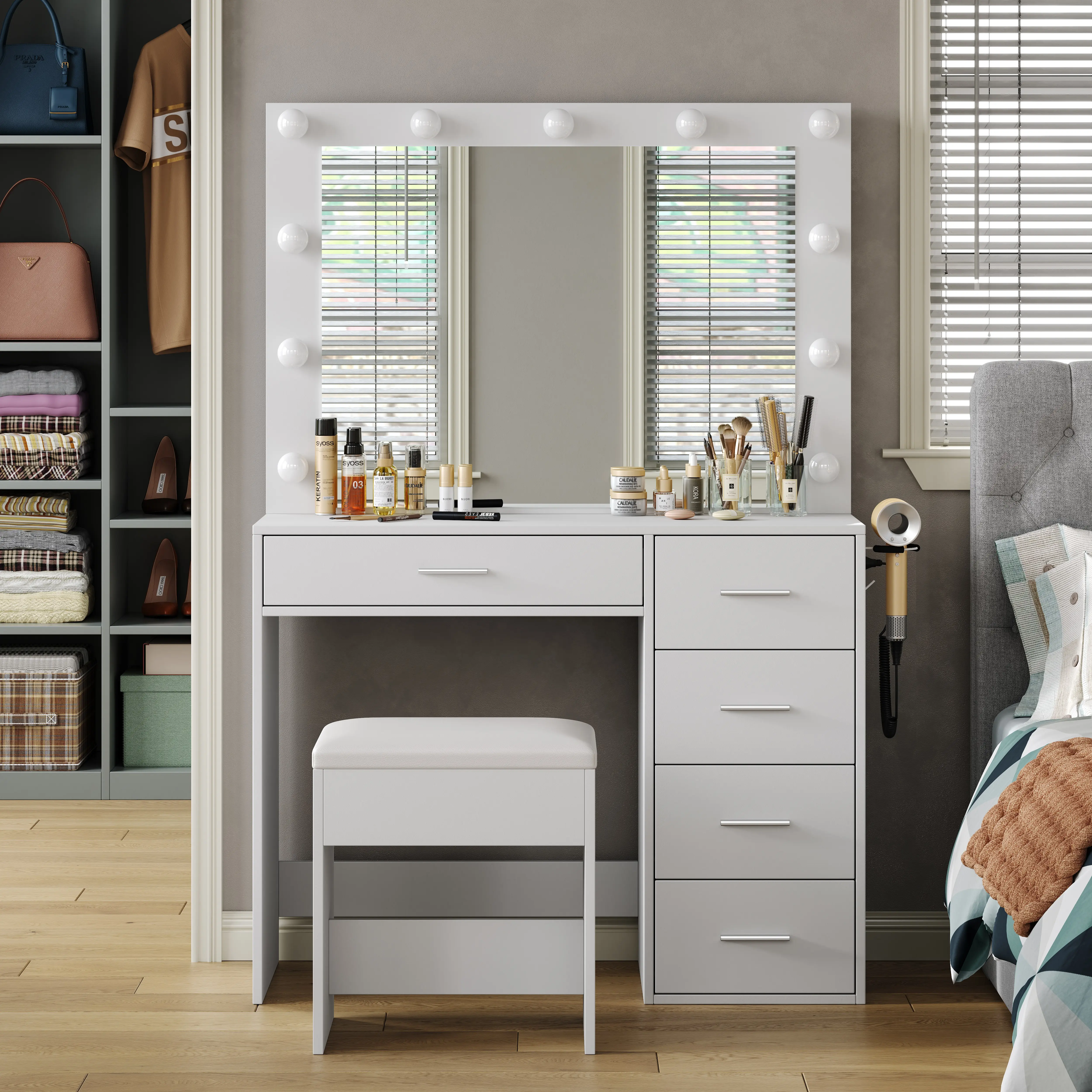 FUSOU 37"W 5 Drawers Vanity Desk with Power Outlet, Makeup Table with Lighted Mirror, 3 Color Lighting Modes,Vanity Table Dressing Table Set tabitha modern power outlet,dorm essentials,home decor