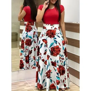 Floral Print Splicing Dress, Elegant Crew Neck Short Sleeve Pleated Maxi Dress, Women's Clothing Casual Womenswear