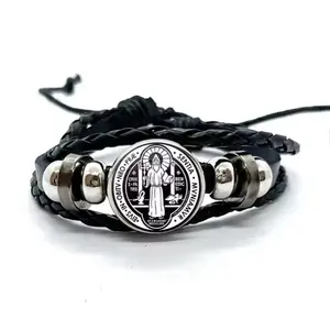 Pulsera trenzada con medalla san Benito, pulsera ajustable con cordón de cuero ro multicapa y cuencas para hombre y mujer