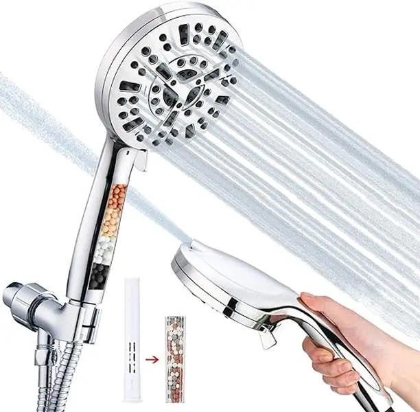 Adjustable Brass & ABS Handheld Shower Head Set with Filter, 10-Function High-Pressure Rainfall Showerhead, Built-In Water Purification Core, Non-Clog Nozzles, Leak-Proof, 5-ft Steel Hose, Wall Mount Bracket, Water-Saving, Compact Fit for Small Baths