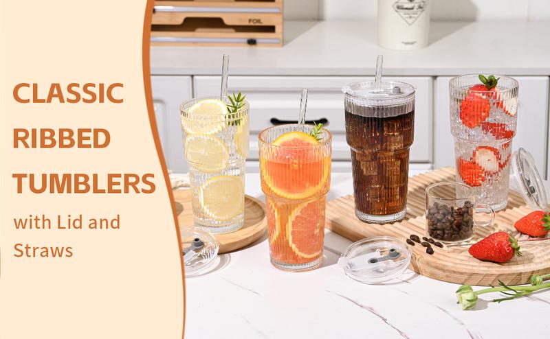 DWTS DANWEITESI 20oz Vertical Stripes Glass Coffee Cups with Lid & Straw Set of 4 Premium Thickened Glass for Iced Coffees Cocktails Juices Family Use & Parties Leak Proof Tumblers Drinkware Stylish 2Pack