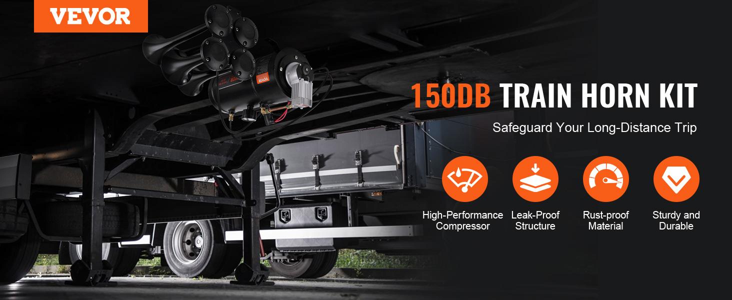 VEVOR Train Horns Kit, TikTokShopBlackFriday, 4 Trumpet Air Horn Kit, 150dB Train Horns for Pickup Trucks, 12V 120 psi Air Compressor 0.8 Gal/3 L Tank with Gauge for Any 12V Vehicle Car Truck Train Van Boat Power Sound Accessory VEVOR Super Brand Day