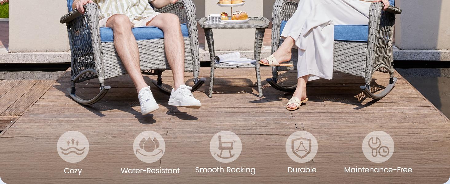 Spring Greenish UDPATIO Outdoor 3 Piece Patio Furniture Set Wicker Rocking Chair Set with 2 Rockers, 1 Side Table and 4‘’ Thick Cushions Chair Lounge for Backyard, Porch, Balcony SpringGardening