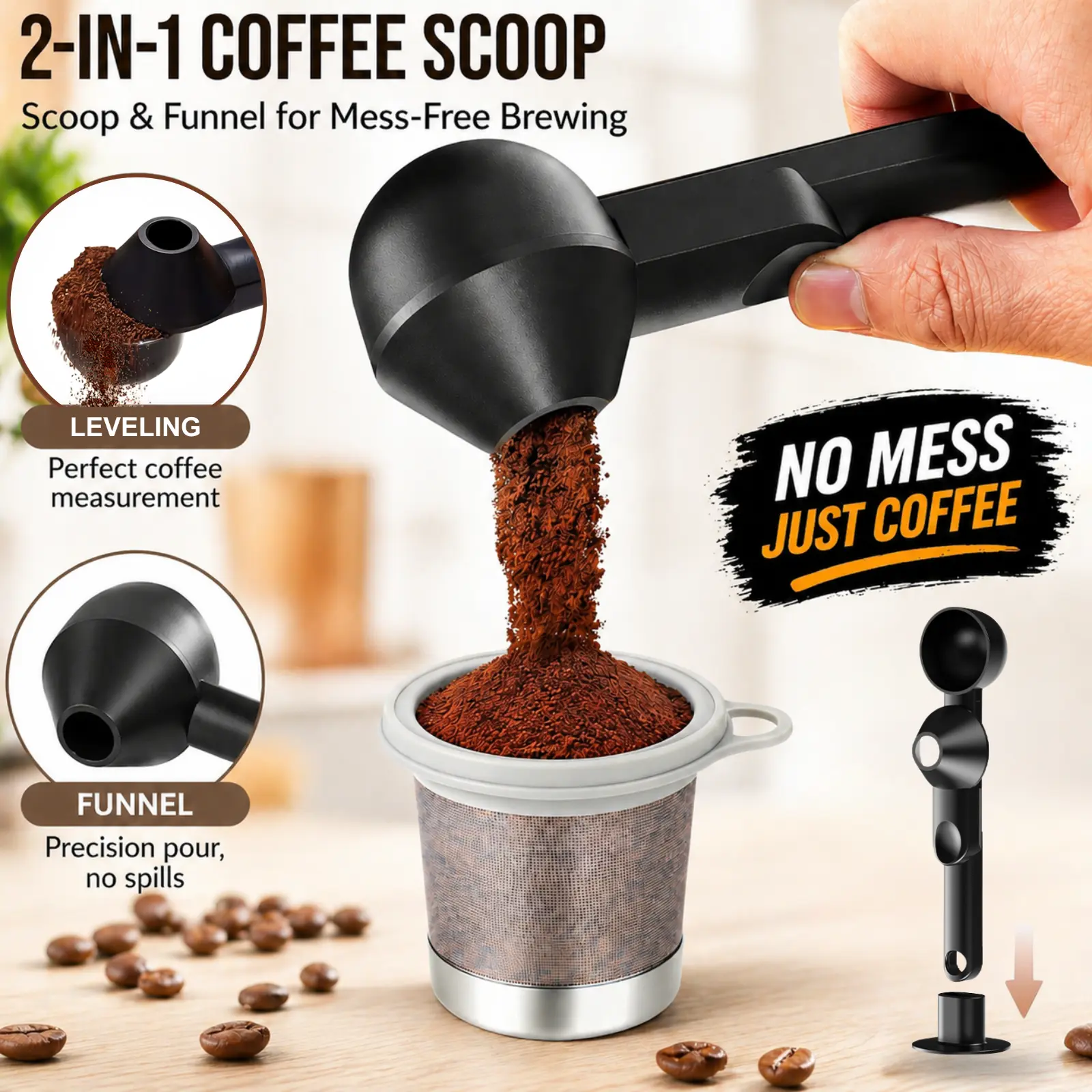 Coffee Scoop with Funnel for Reusable K Cup Refillable Coffee Pods, 2 TBSP Mess-Free Measuring Spoon with Sliding Leveler, Ideal for Ground Coffee, Protein Powder & Tea (1-Pack)