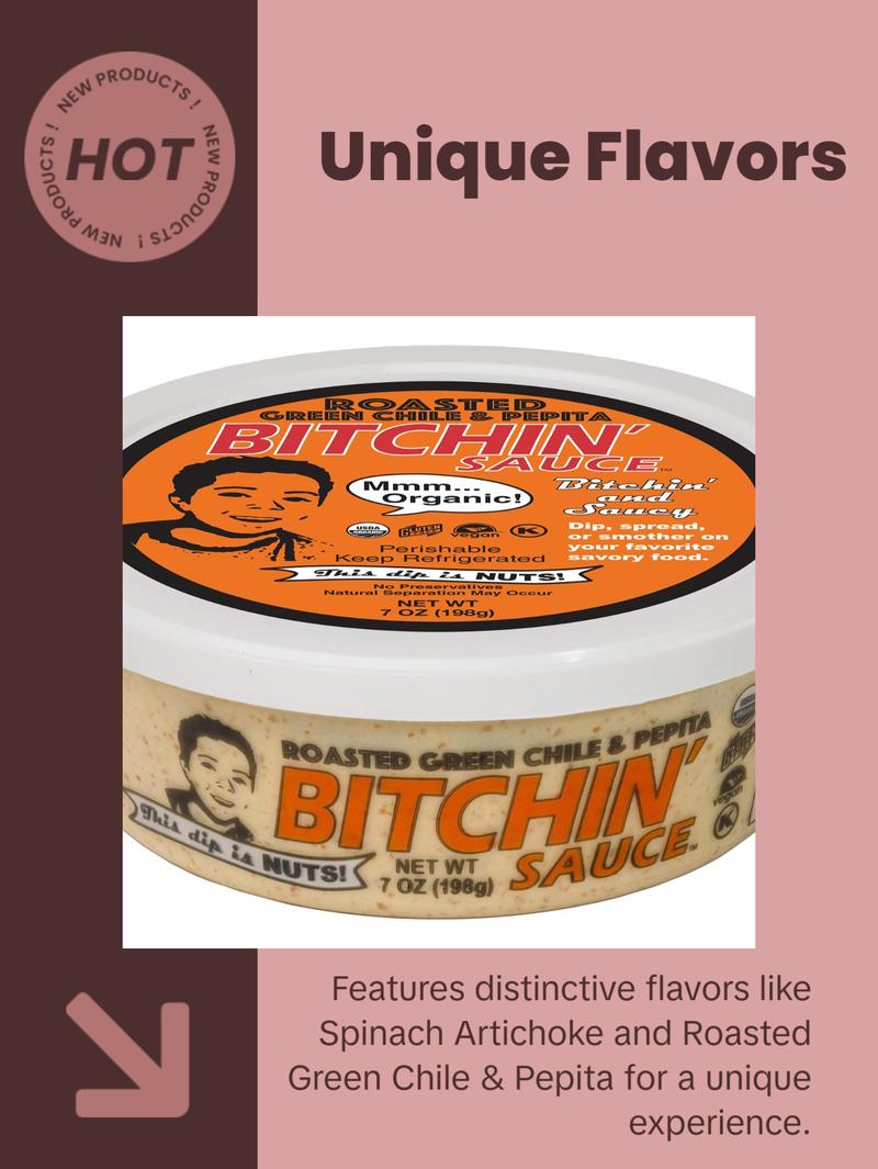 Organic Bitchin' Sauce Sample Pack – Spinach Artichoke, Buffalo, Green Onion, and Roasted Green Chili & Pepita Almond Based Dip and Spread! Organic Bitchin' Sauce Sample Pack – Spinach Artichoke, Buffalo, Green Onion, and Roasted Green Chili & Pepita Almond Based Dip and Spread!