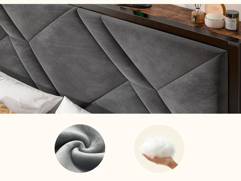 Raybee Luxury Bed Frame with 6 Storage Drawers,  LED Lights & Charging Station, Full Queen Platform Bed Frame with Upholstered Headboard & Shelf, No Noise, Holds 1000lbs, No Box Spring Needed,Easy Assembly, Black