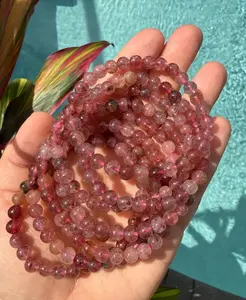 Natural Strawberry Quartz 6mm Beaded Stretch Bracelet | Pink Gemstone Jewelry