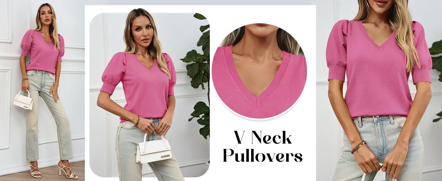 Imily Bela Women's Puff Short Sleeve Sweater Tops Spring Summer Trendy Crew/Square/V Neck Casual T Shirts Blouses Knitwear Comfort Basic Minimalist