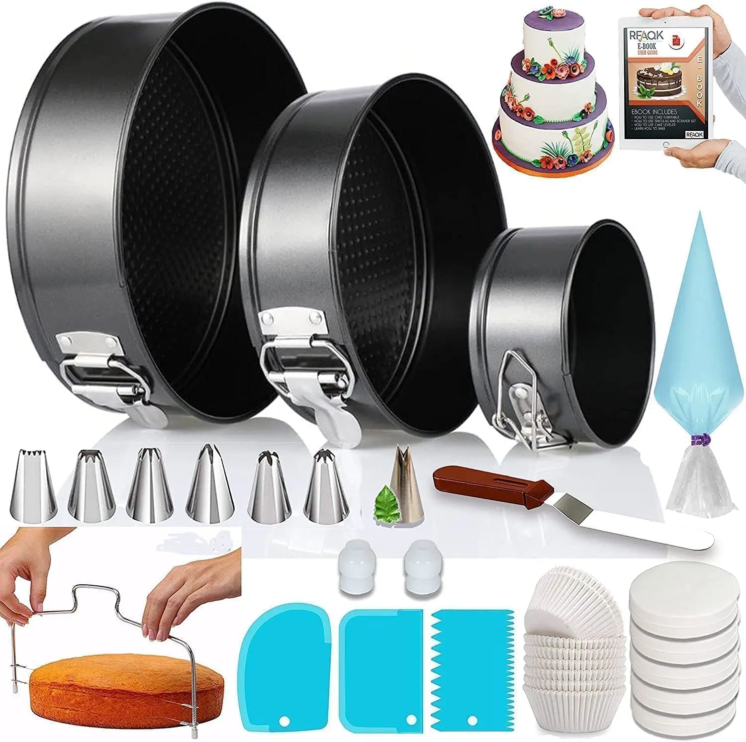 100pcs Cake Pan Sets for Baking + Cake Decorating Supplies: 3 Non-Stick Springform Pans Set (4, 7, 9 inches), Icing Tips, Cake Leveler – Multi-functional Leak-Proof CheeseCake Pan & eBook Non-Stick Springform Cake Mold Set